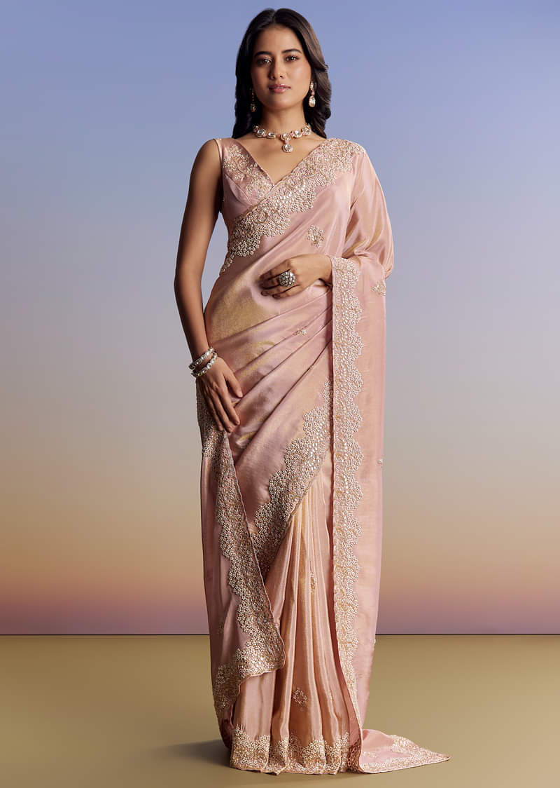 Onion Pink Tissue Saree With Gota Patti Moti And Cutdana Scallop Border