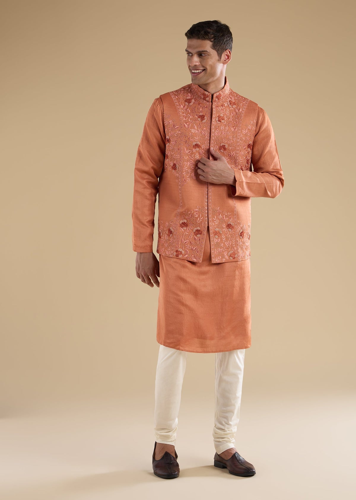 Orange Silk Kurta Jacket Set With French Knot Hand Embroidery