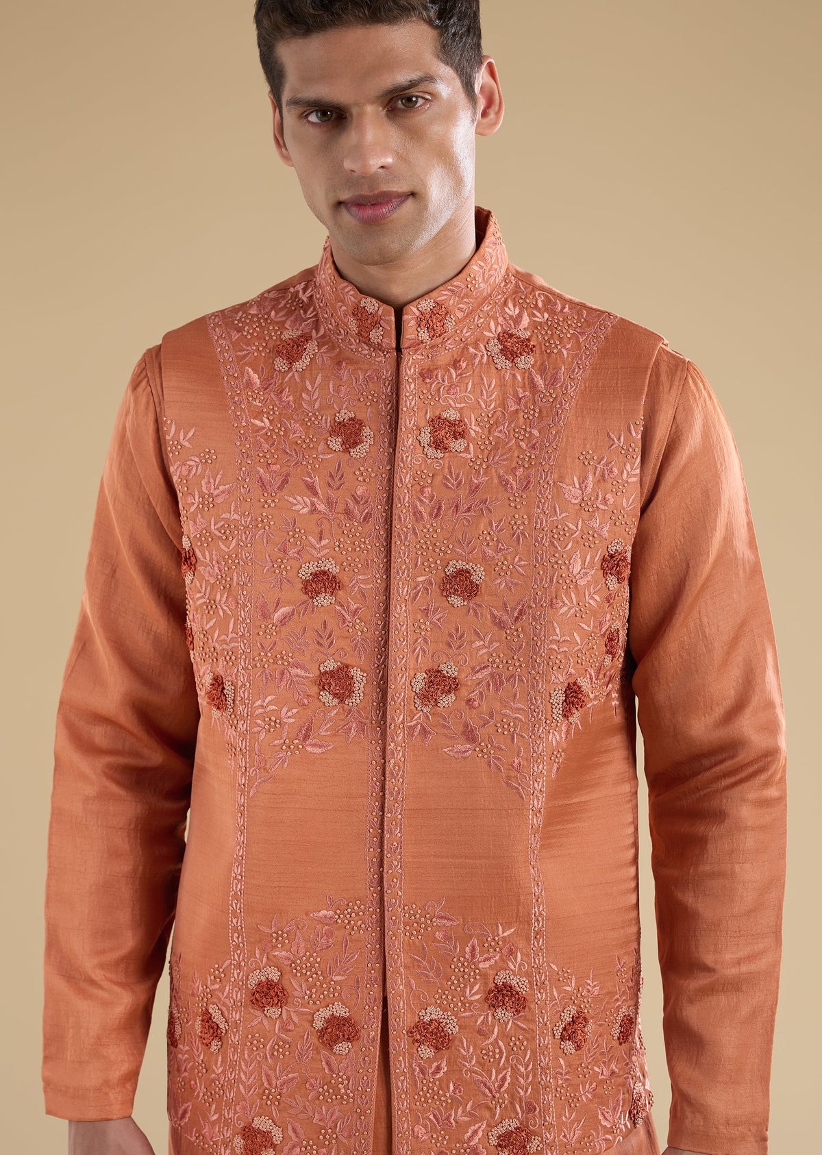 Orange Silk Kurta Jacket Set With French Knot Hand Embroidery