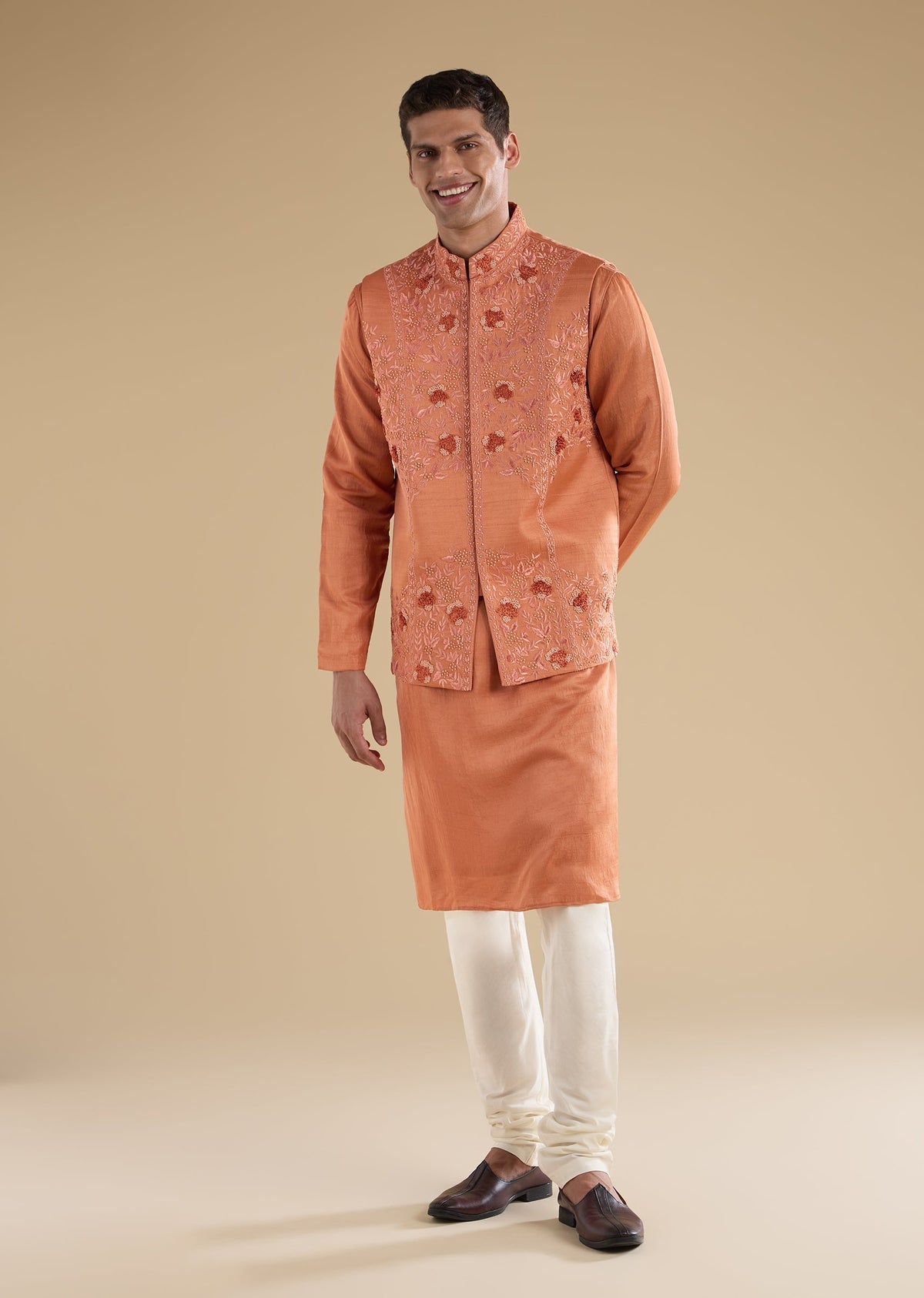 Orange Silk Kurta Jacket Set With French Knot Hand Embroidery