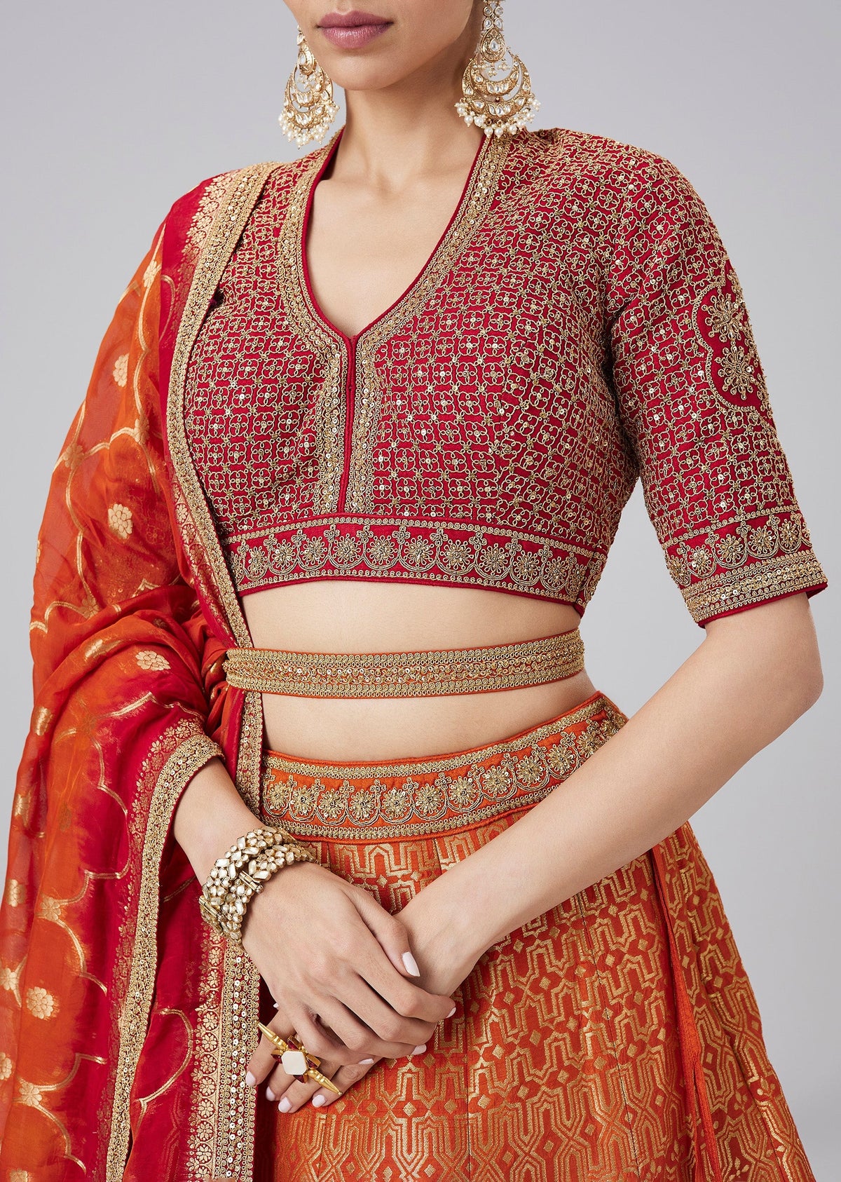 Orange Ombre Brocade Traditional Lehenga Set With Belt