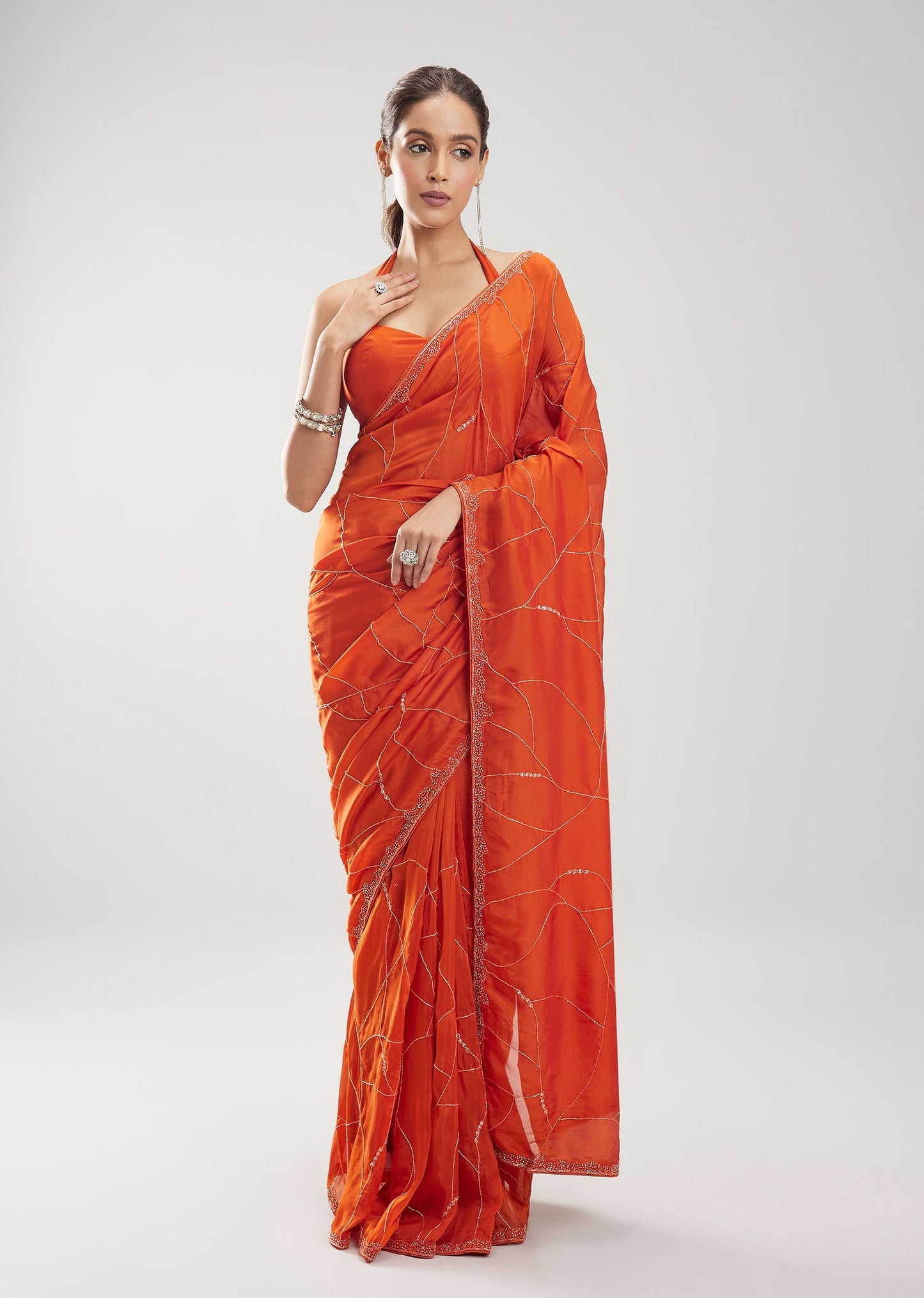 Orange Silk Saree With Cut Dana Embellished Jaal Work