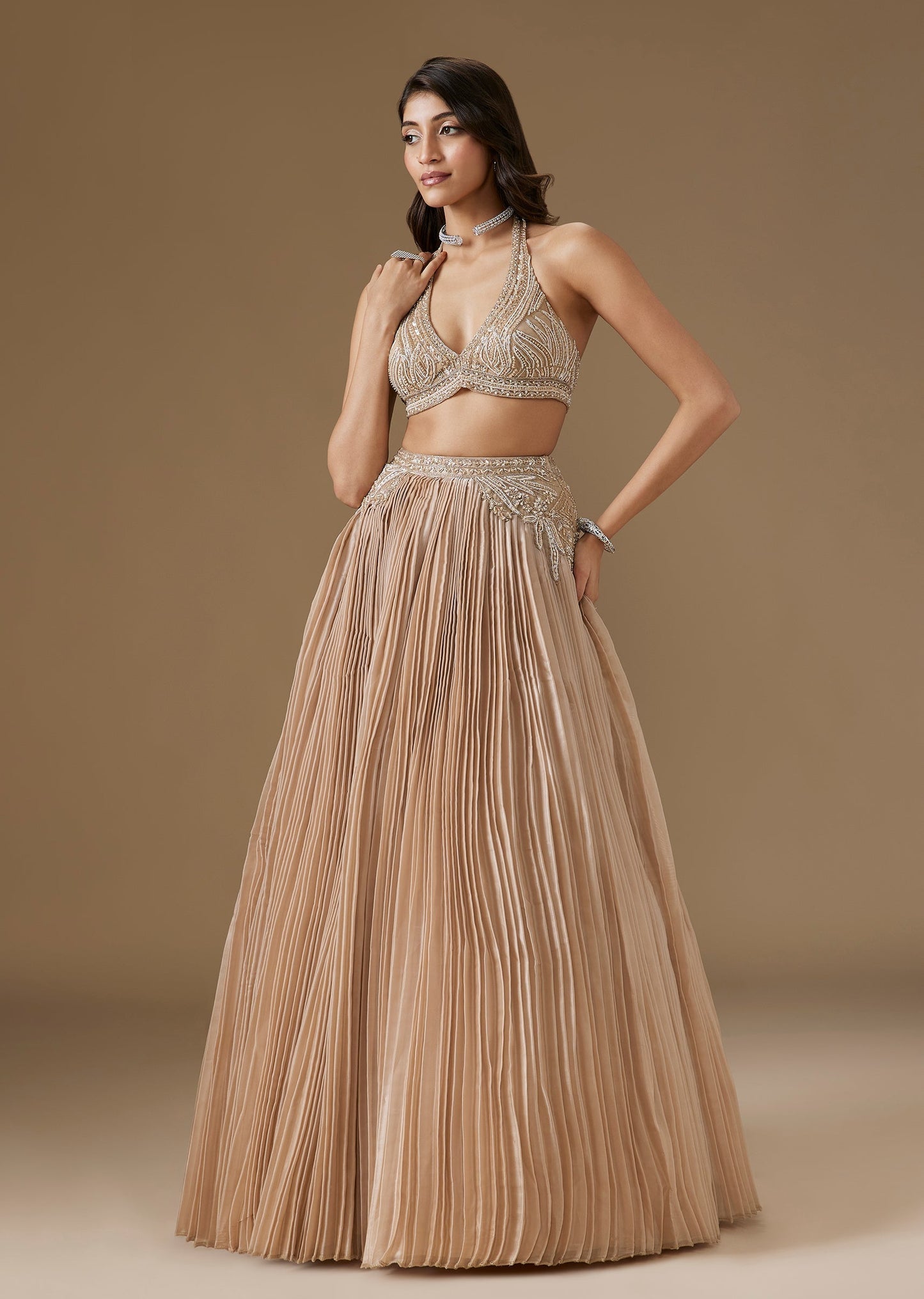 Oyster Hand Embroidered Organza Lehenge Choli