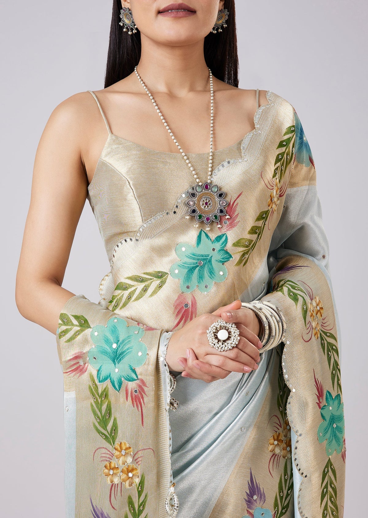Pastel Grey Hand Painted Saree with Blouse