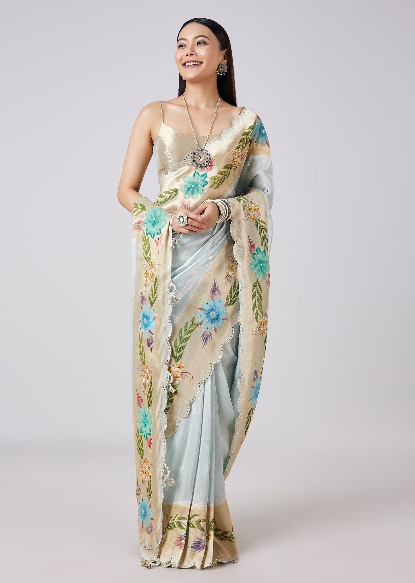 Pastel Grey Hand Painted Saree with Blouse
