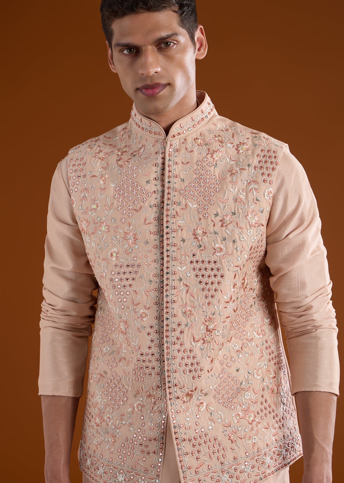 Peach Embellished Silk Kurta Jacket Set