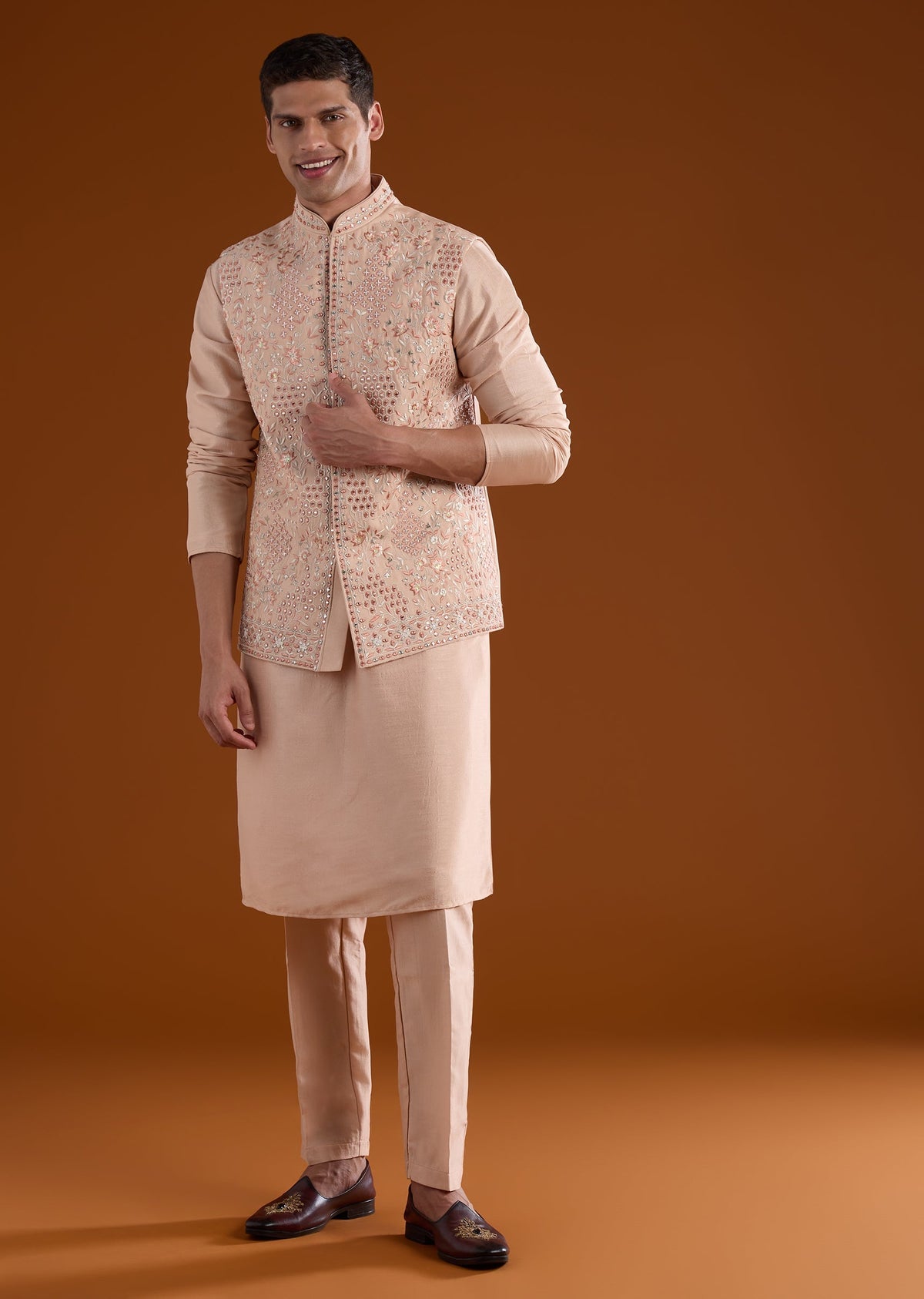 Peach Embellished Silk Kurta Jacket Set