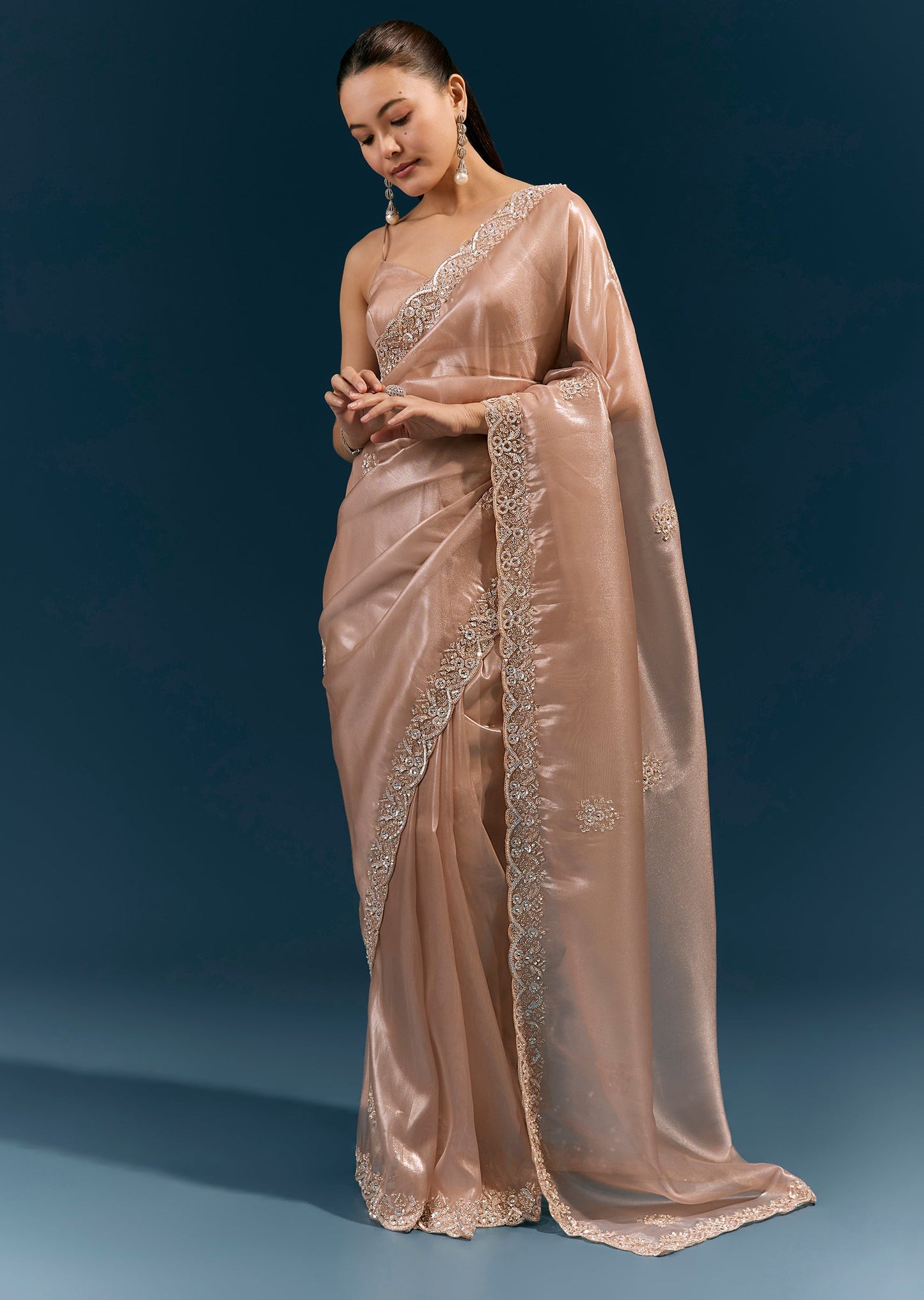 Peach Net Saree With Scalloped Cutda And Sequin Embroidered Border