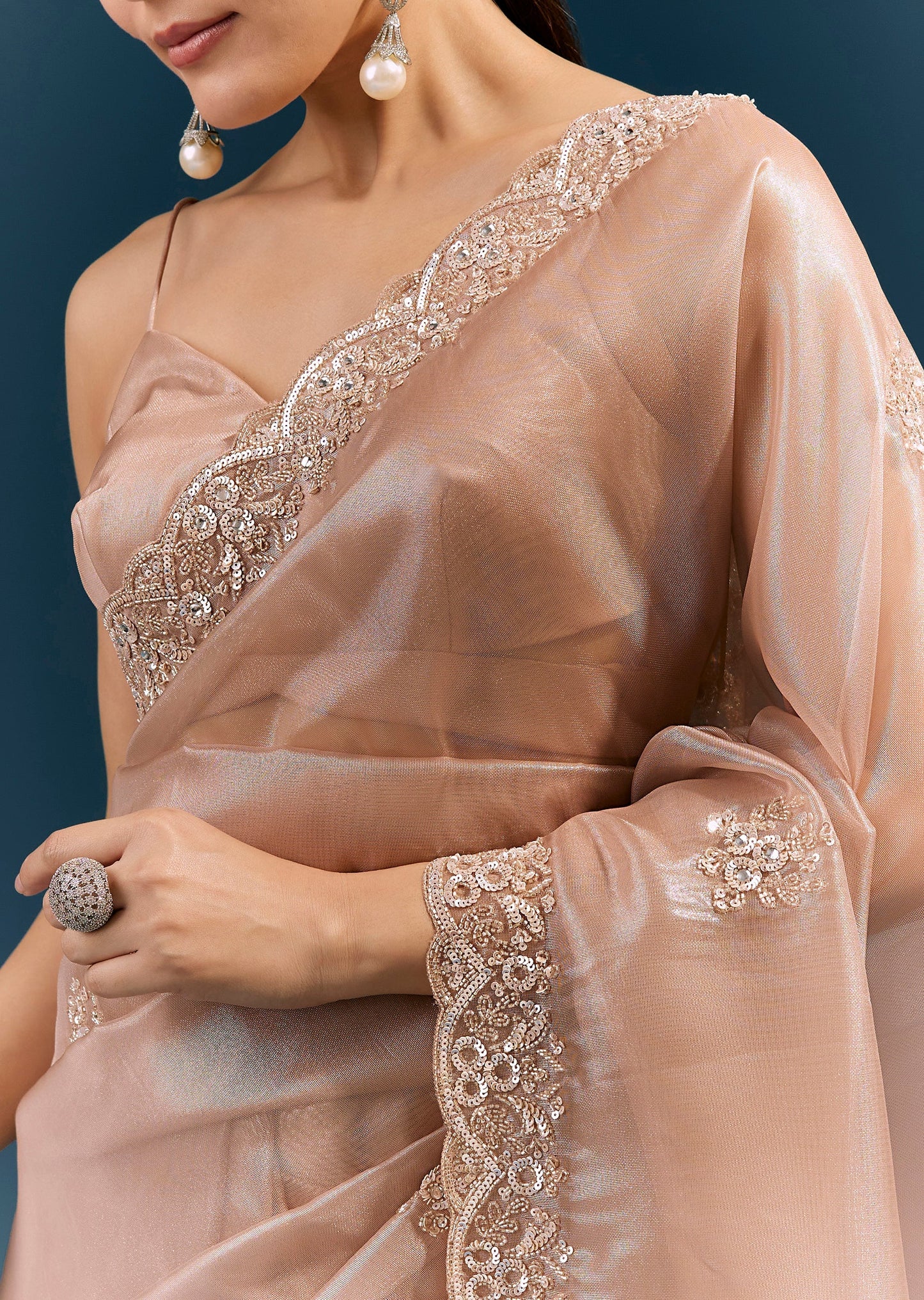 Peach Net Saree With Scalloped Cutda And Sequin Embroidered Border
