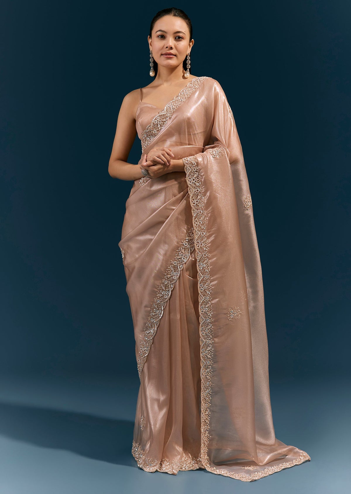 Peach Net Saree With Scalloped Cutda And Sequin Embroidered Border