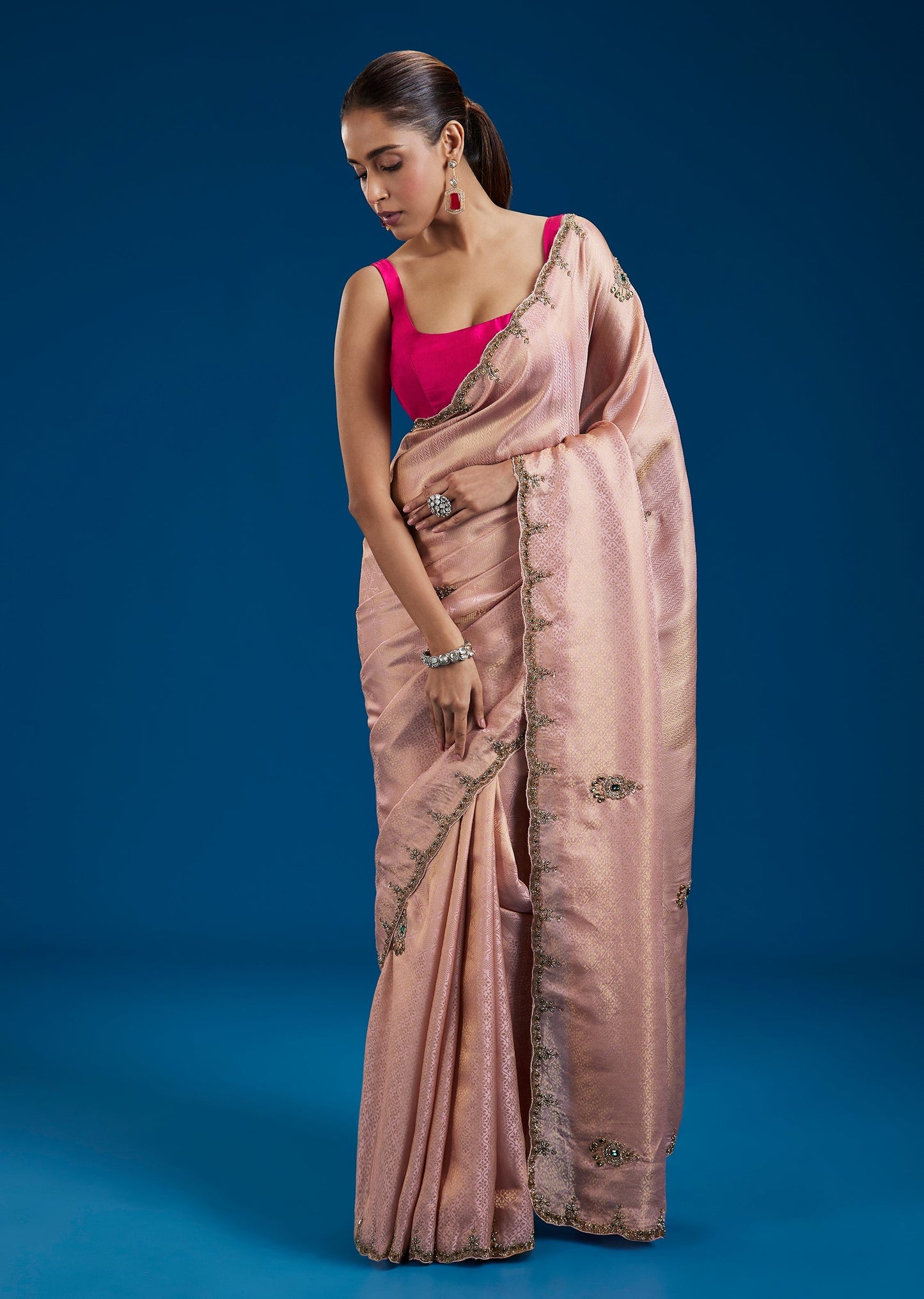 Peach Tissue Silk Saree With Cutdana Butti Work
