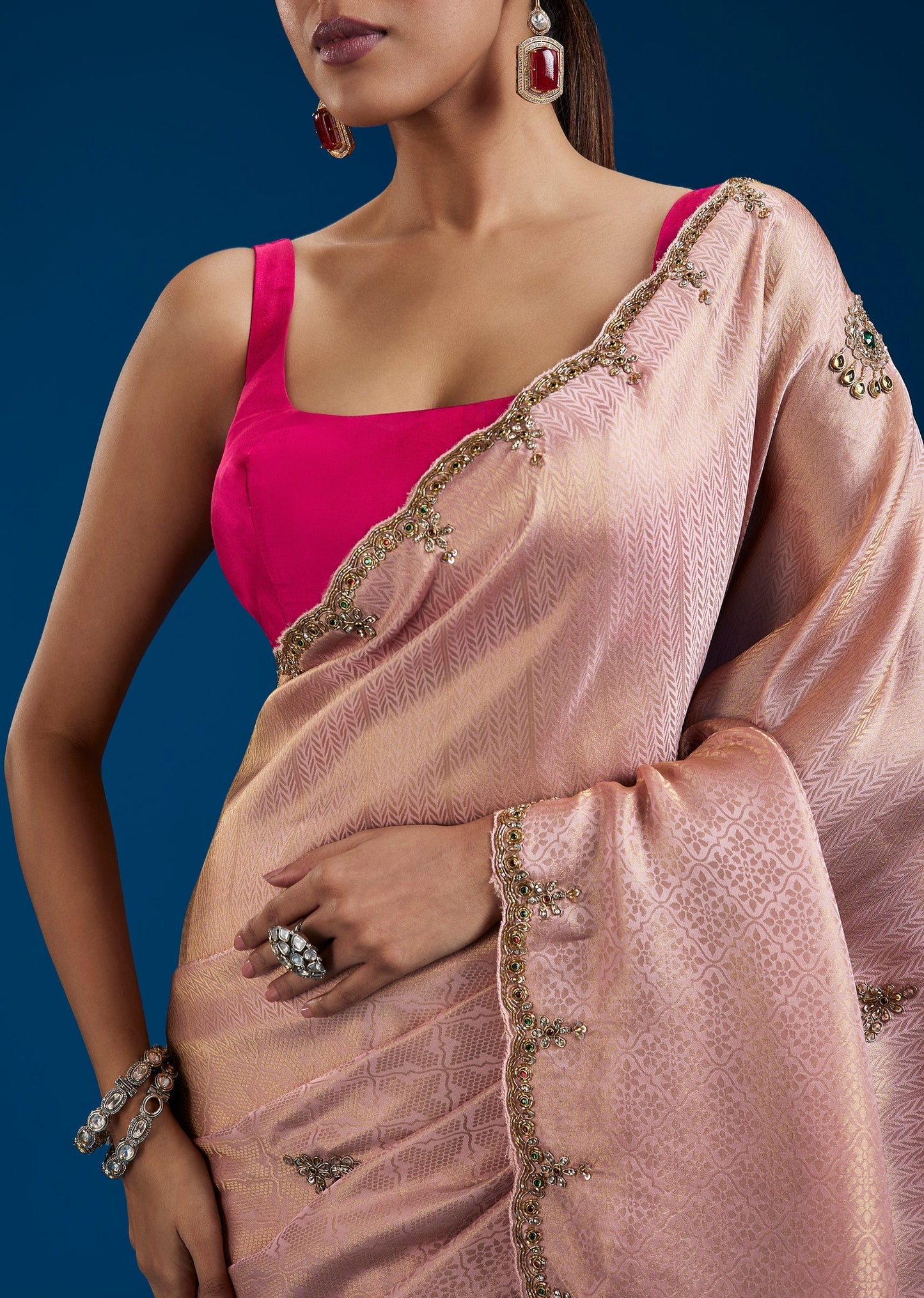 Peach Tissue Silk Saree With Cutdana Butti Work
