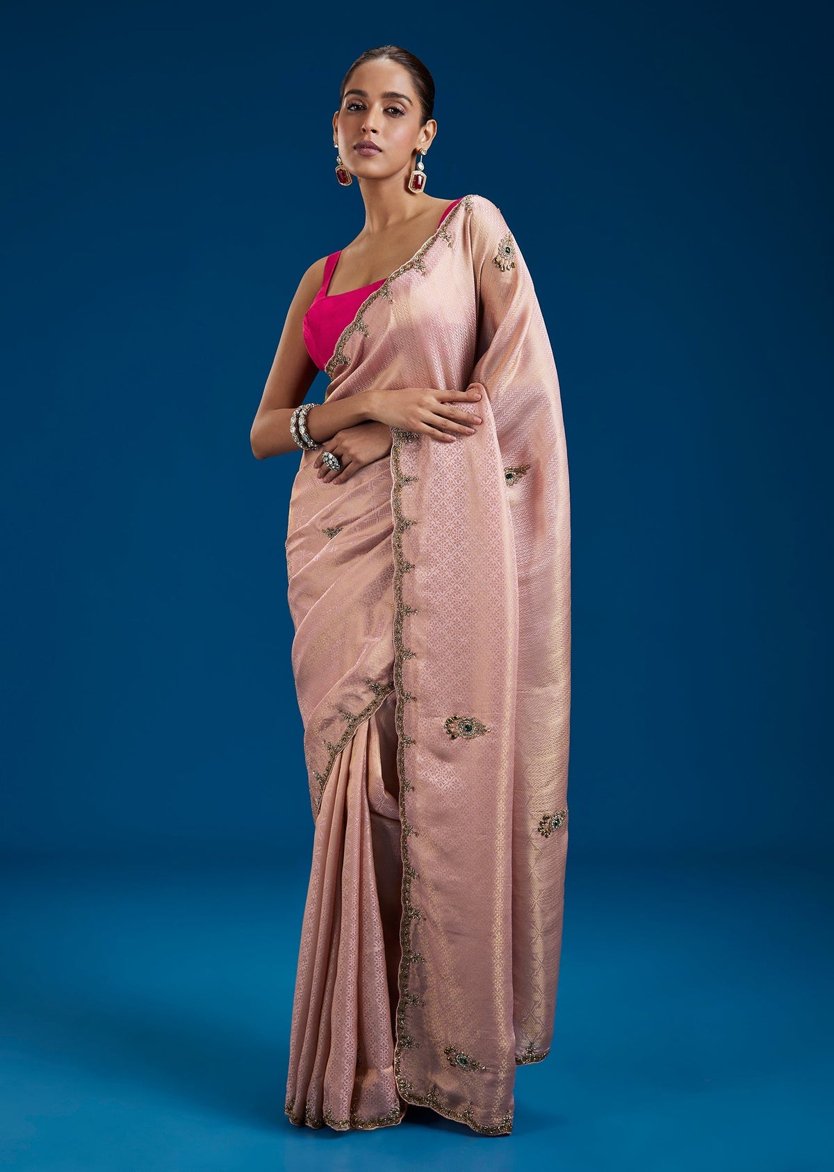 Peach Tissue Silk Saree With Cutdana Butti Work