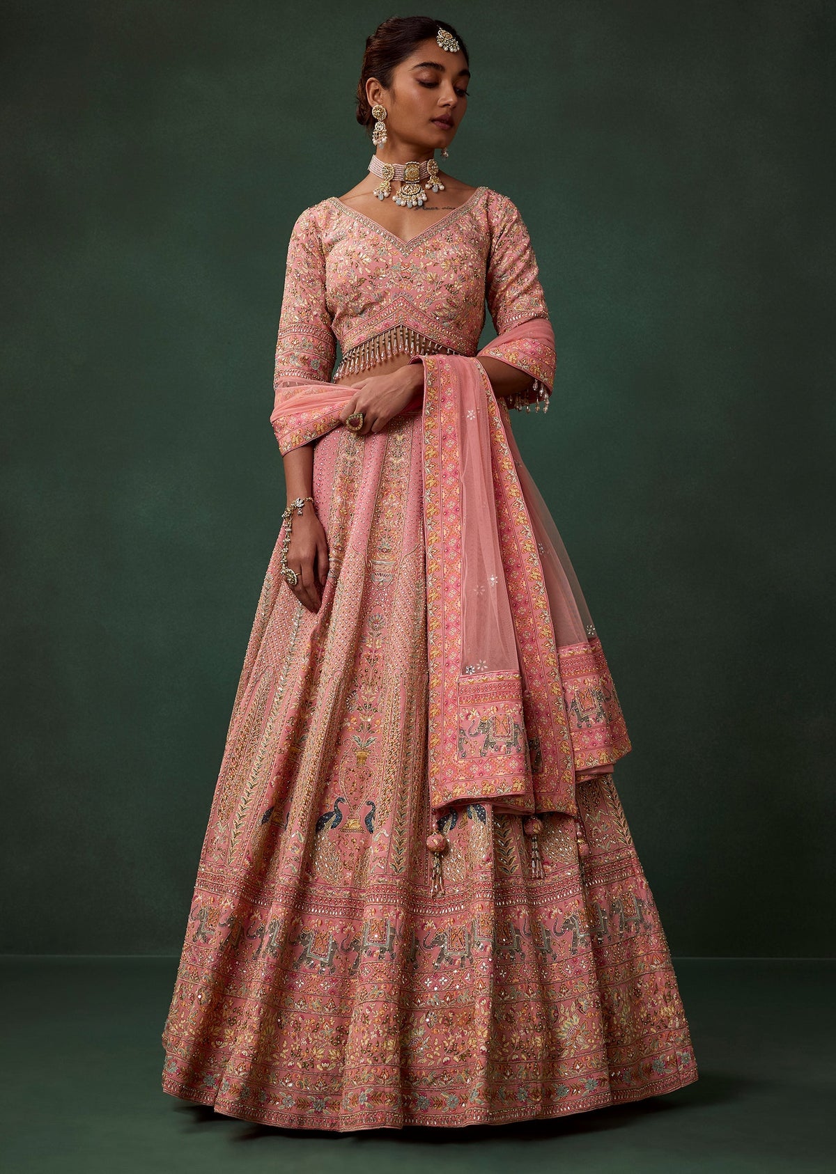 Pink Bird Motif Printed Kali Bridal Georgette Lehenga Set with Heavy Embroidery