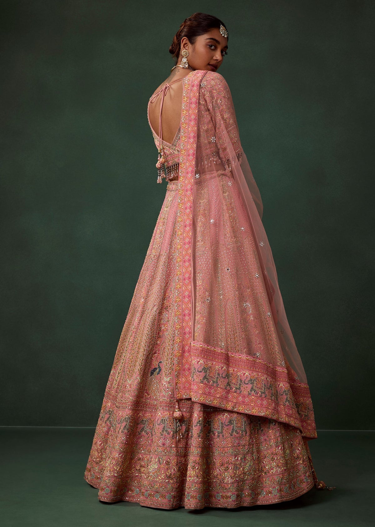 Pink Bird Motif Printed Kali Bridal Georgette Lehenga Set with Heavy Embroidery