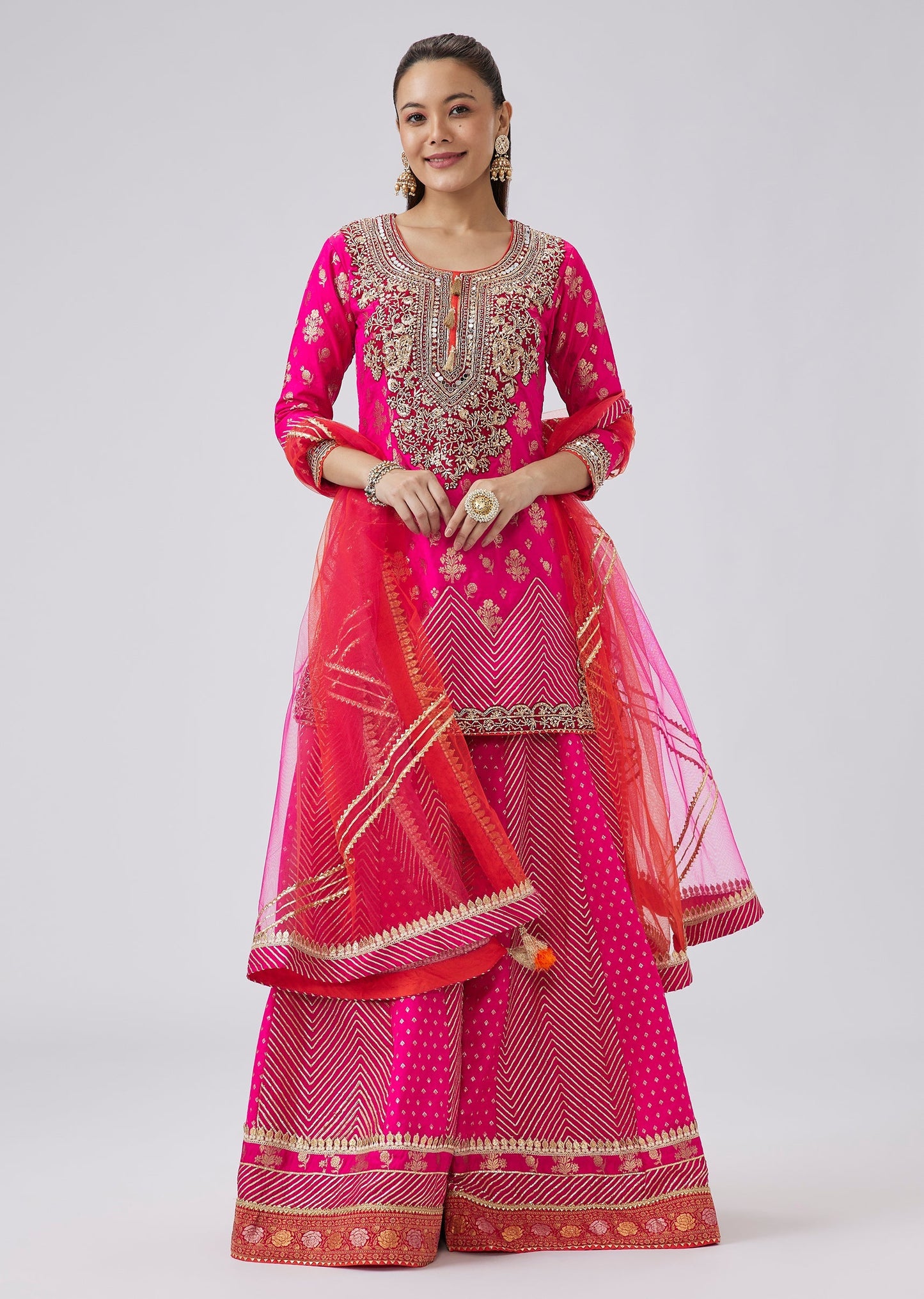 Pink Brocade Palazzo Set With Heavy Zardozi Embroidery