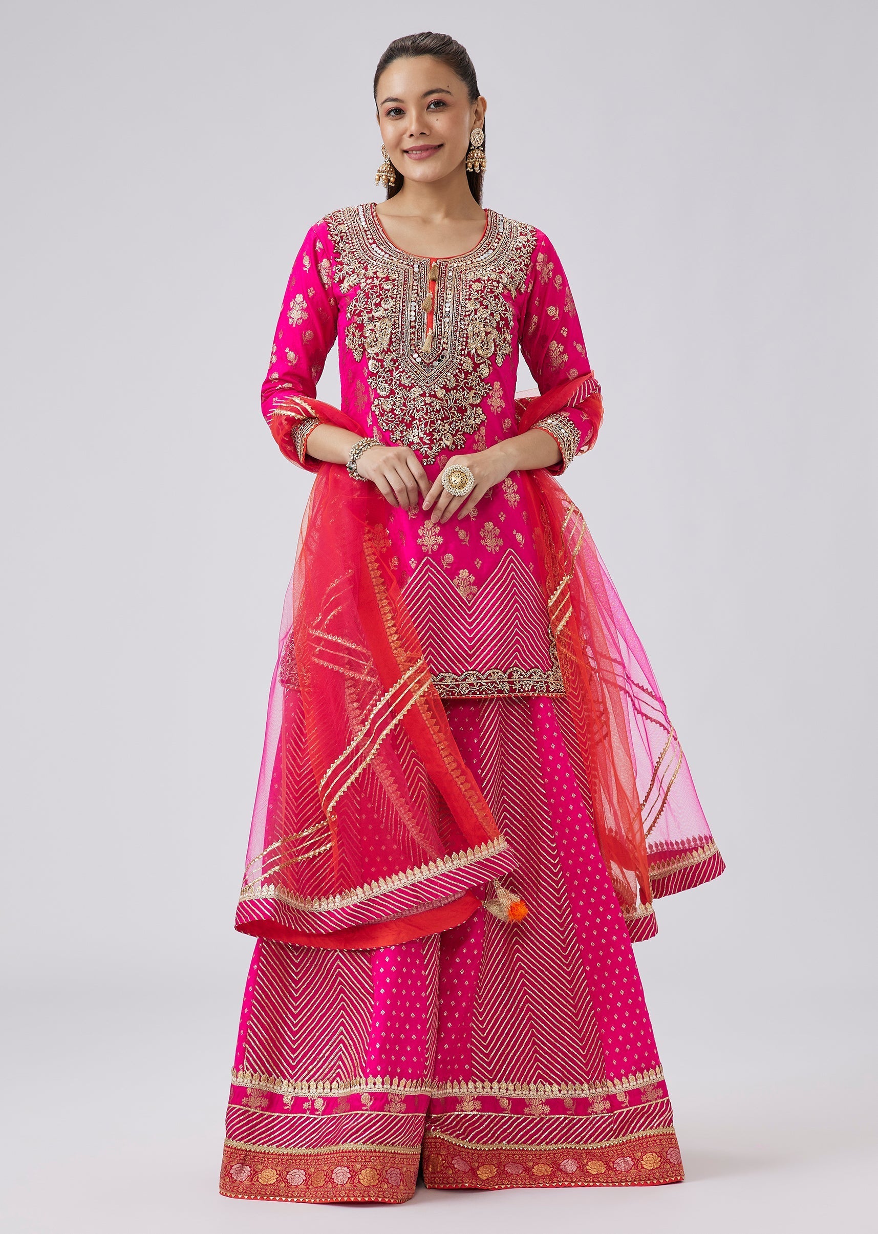 Pink Brocade Palazzo Set With Heavy Zardozi Embroidery