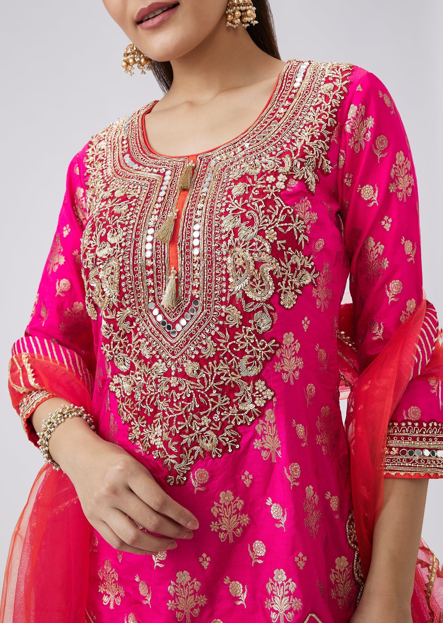 Pink Brocade Palazzo Set With Heavy Zardozi Embroidery