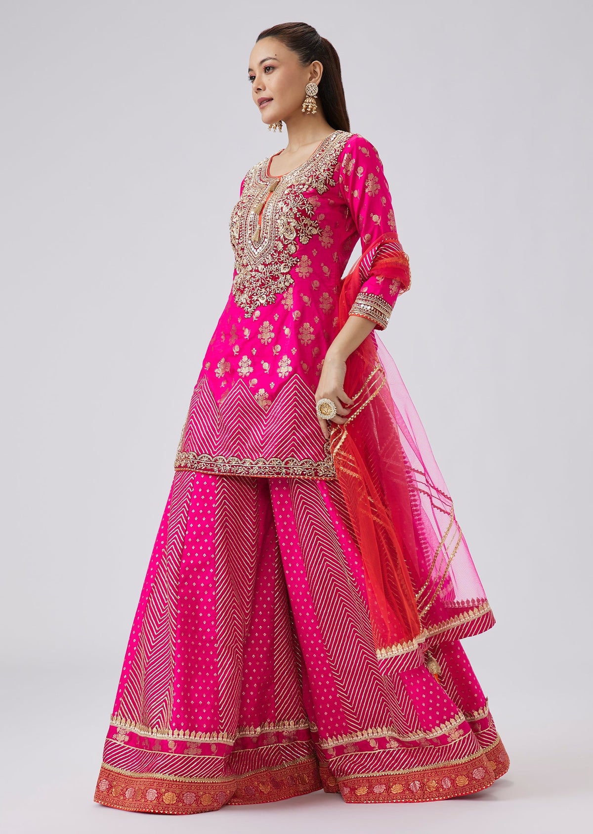 Pink Brocade Palazzo Set With Heavy Zardozi Embroidery