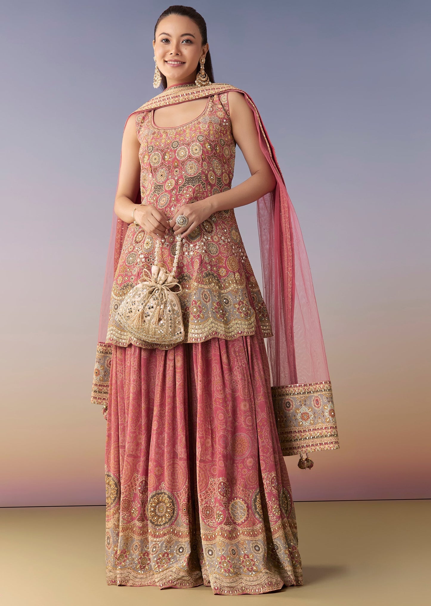 Pink Floral Printed Palazzo Set With Dupatta