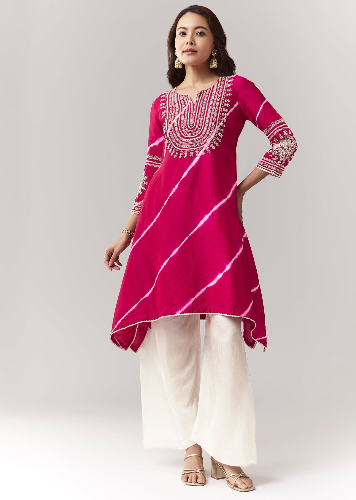 Pink Leheriya A Line Kurta Palazzo Set With Zardosi And Moti Work