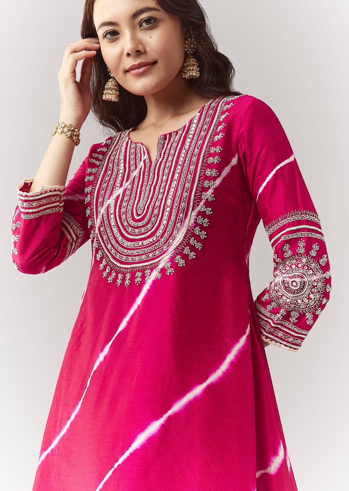 Pink Leheriya A Line Kurta Palazzo Set With Zardosi And Moti Work