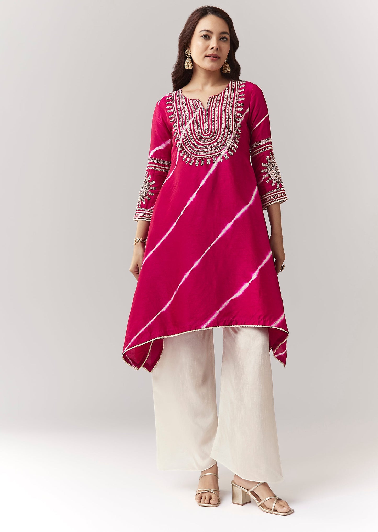 Pink Leheriya A Line Kurta Palazzo Set With Zardosi And Moti Work