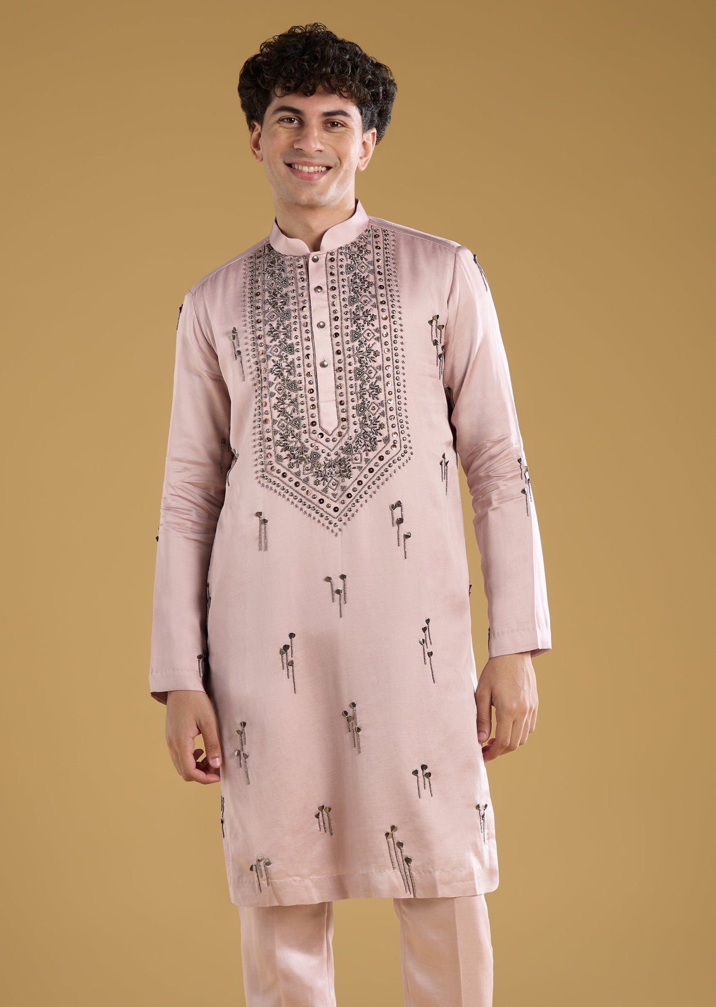 Pink Kurta Set With Thread Metal And Beads Detail
