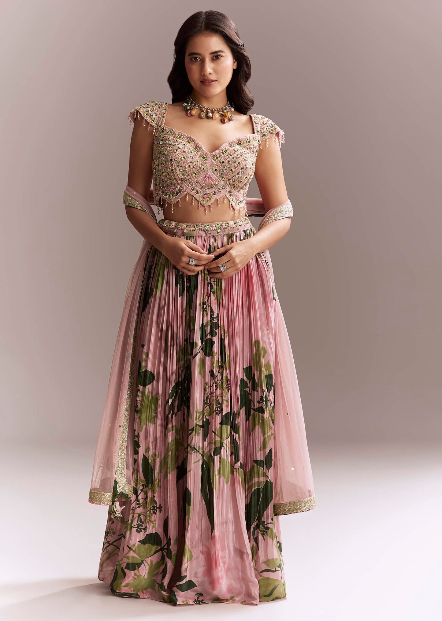 Pink Net Floral Bridesmaid Lehenga With Heavy Embroidery