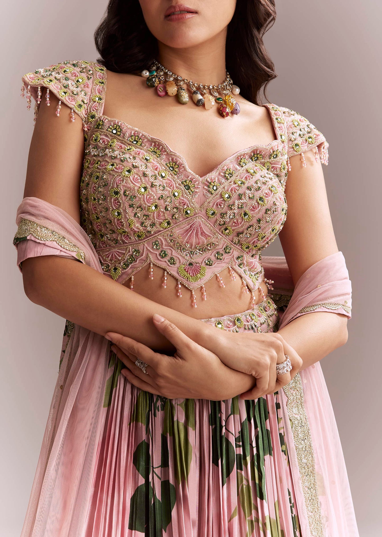 Pink Net Floral Bridesmaid Lehenga With Heavy Embroidery