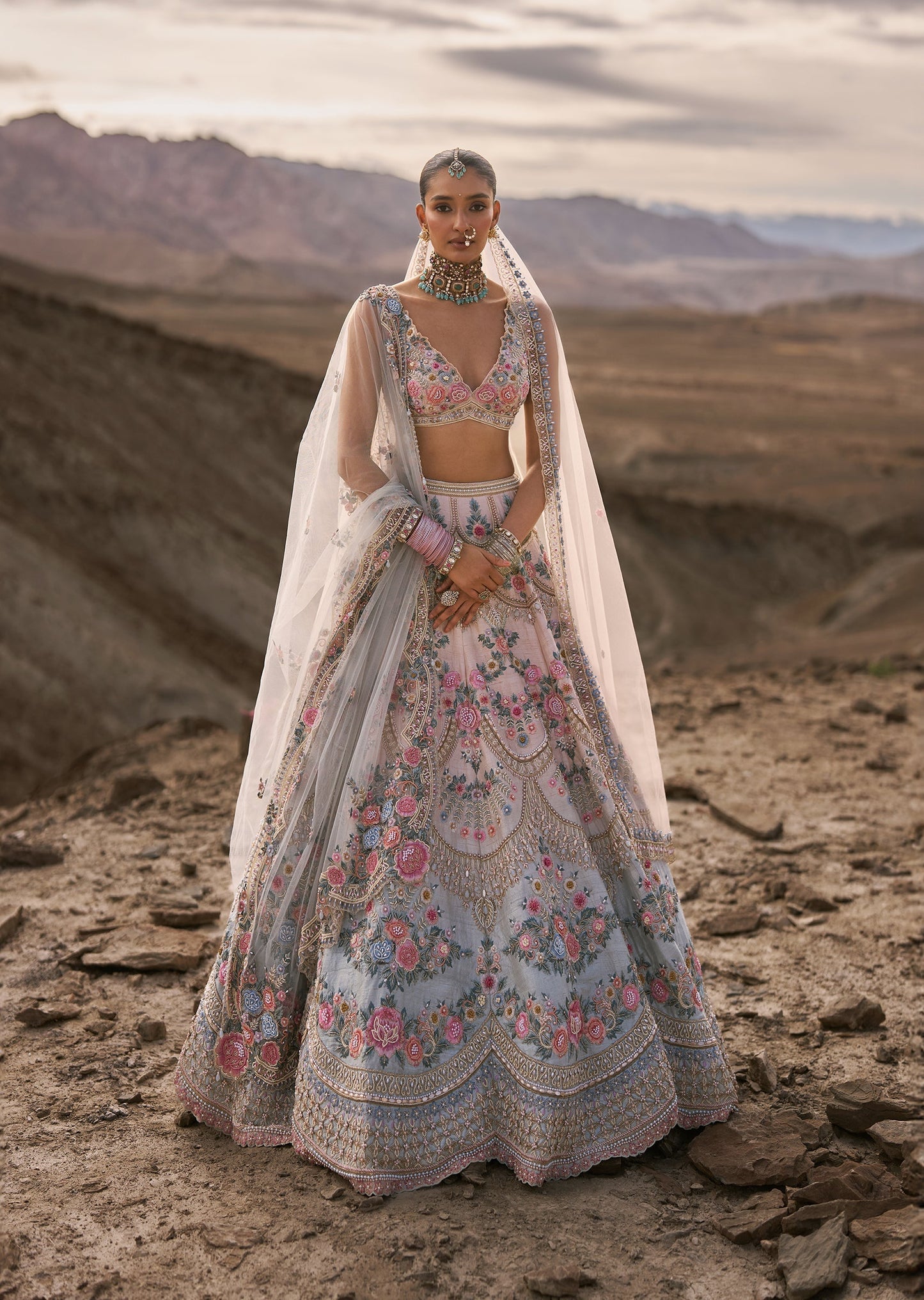 Pink Ombre Raw Silk Bridal Lehenga With Stone Work