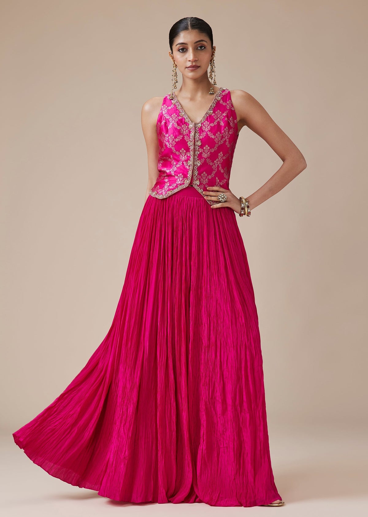 Pink Pure Banarasi Waistcoat Lehenga Choli