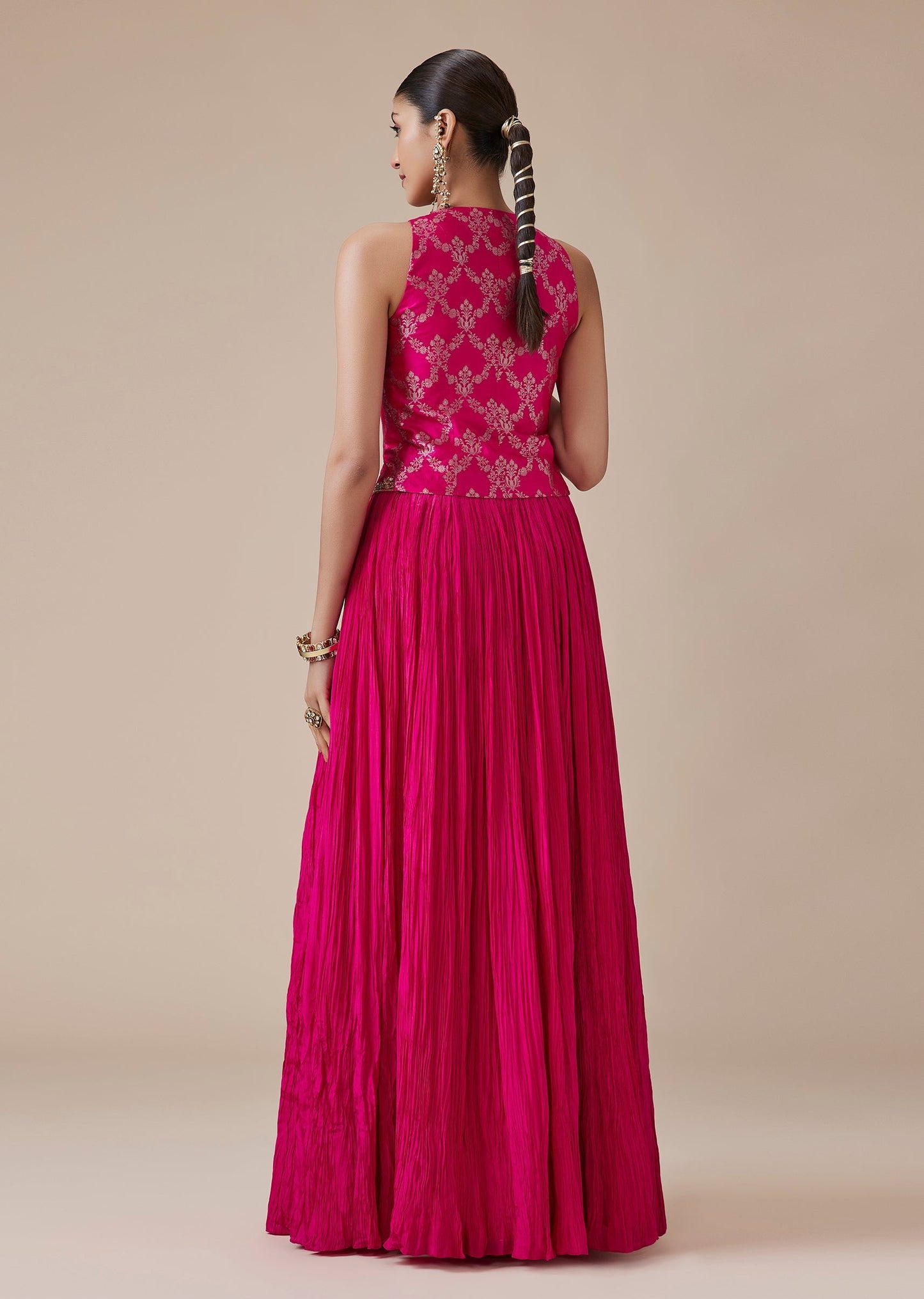 Pink Pure Banarasi Waistcoat Lehenga Choli