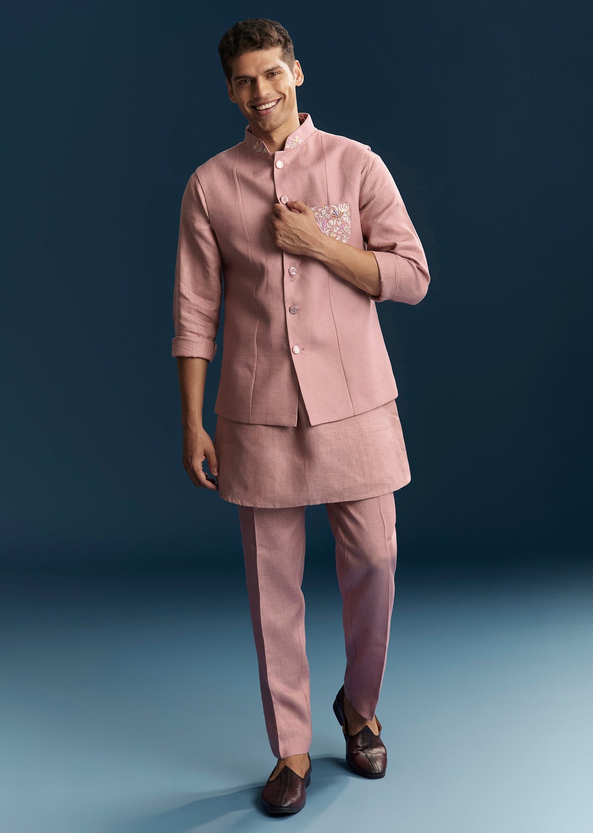 Pink Silk Kurta Jacket Set With Minimal Thread Detail Work