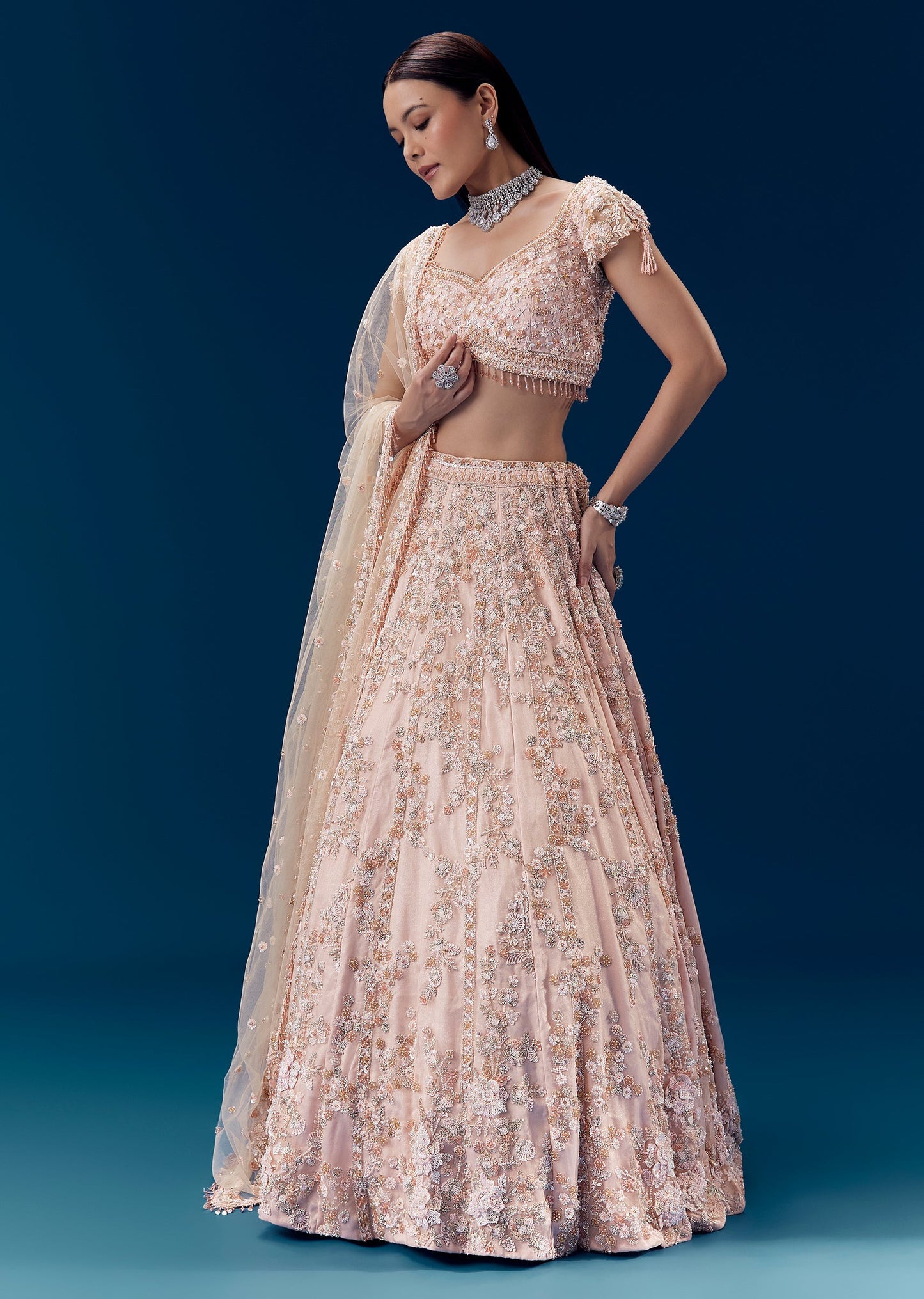 Pink Thread Embroidered Bridal Lehenga Set