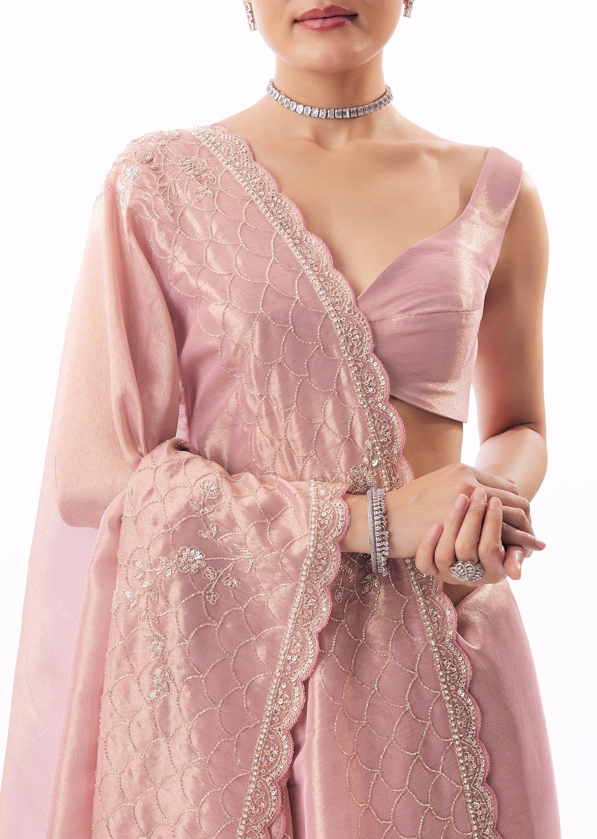 Pink Tissue Saree With Scallop Border And Floral Cutdana Embroidery