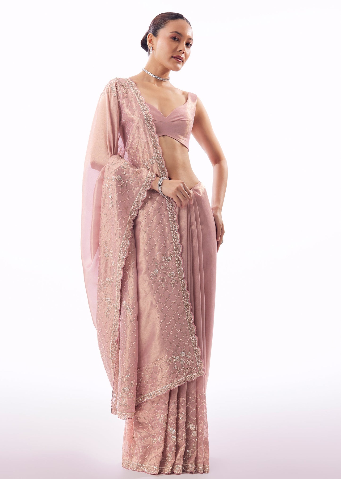 Pink Tissue Saree With Scallop Border And Floral Cutdana Embroidery