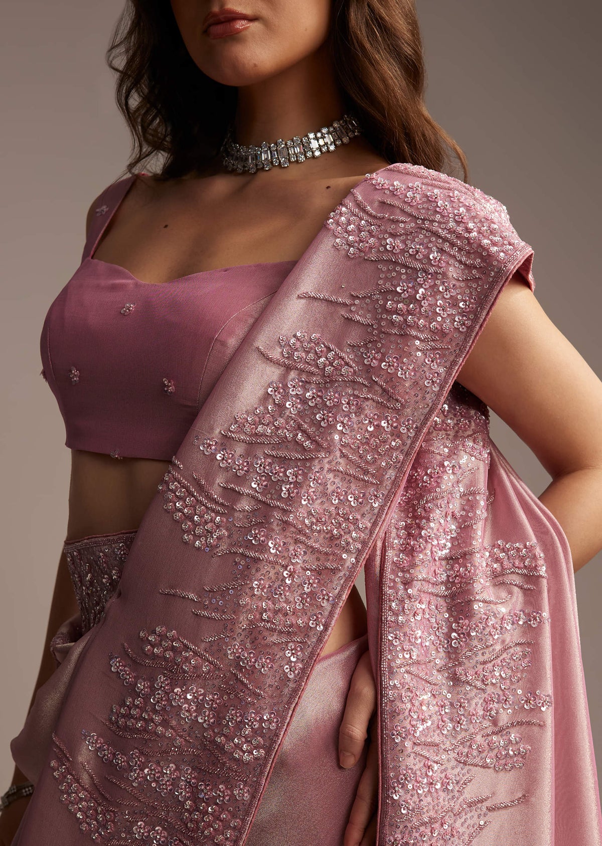 Pink Tissue Saree with Sequins and Cutdana Embroidery