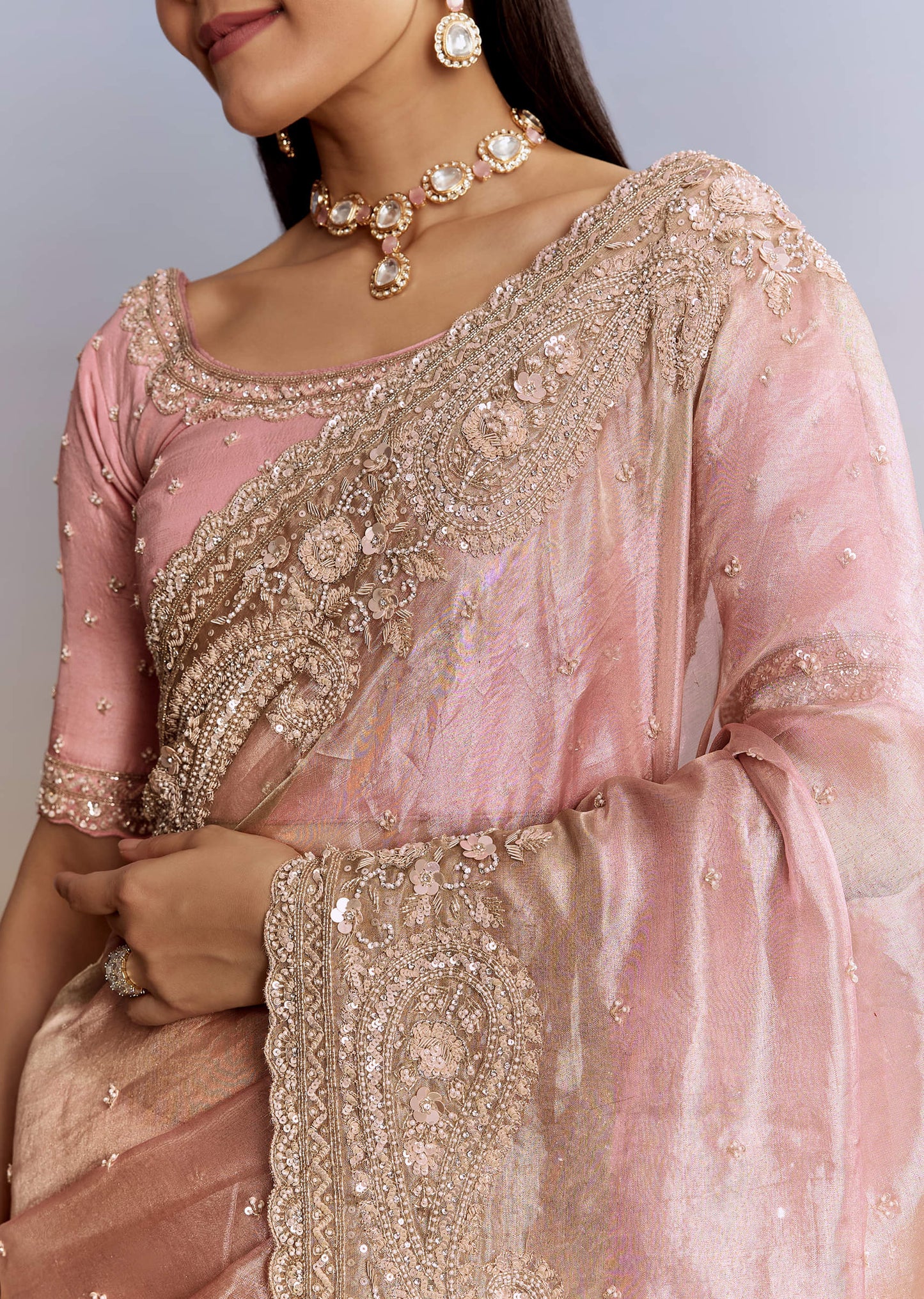 Pink Tissue Saree With Zardosi Moti And Cutdana Blouse