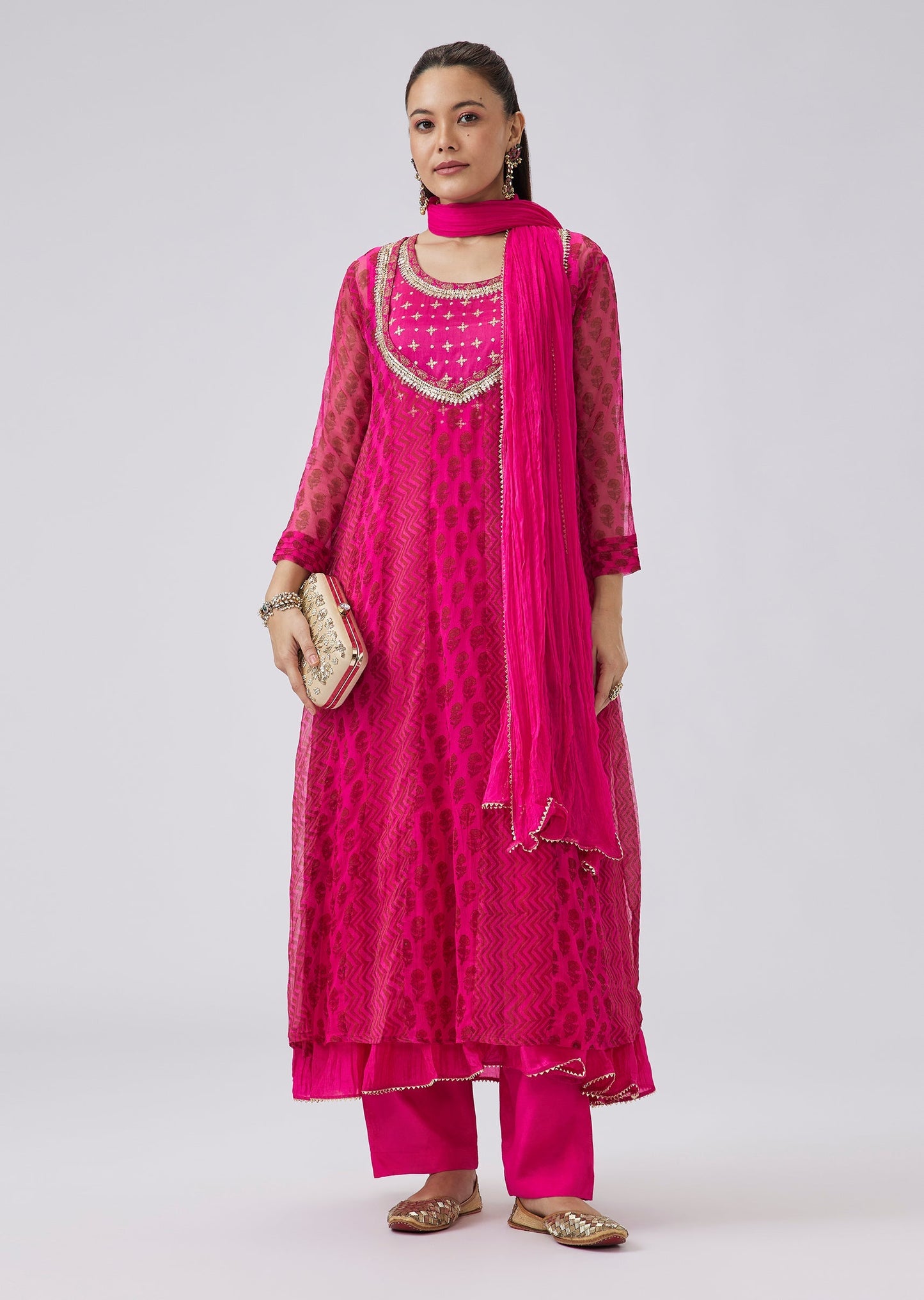 Pink Zardosi And Mirror Embroidered Anarkali With Palazzo