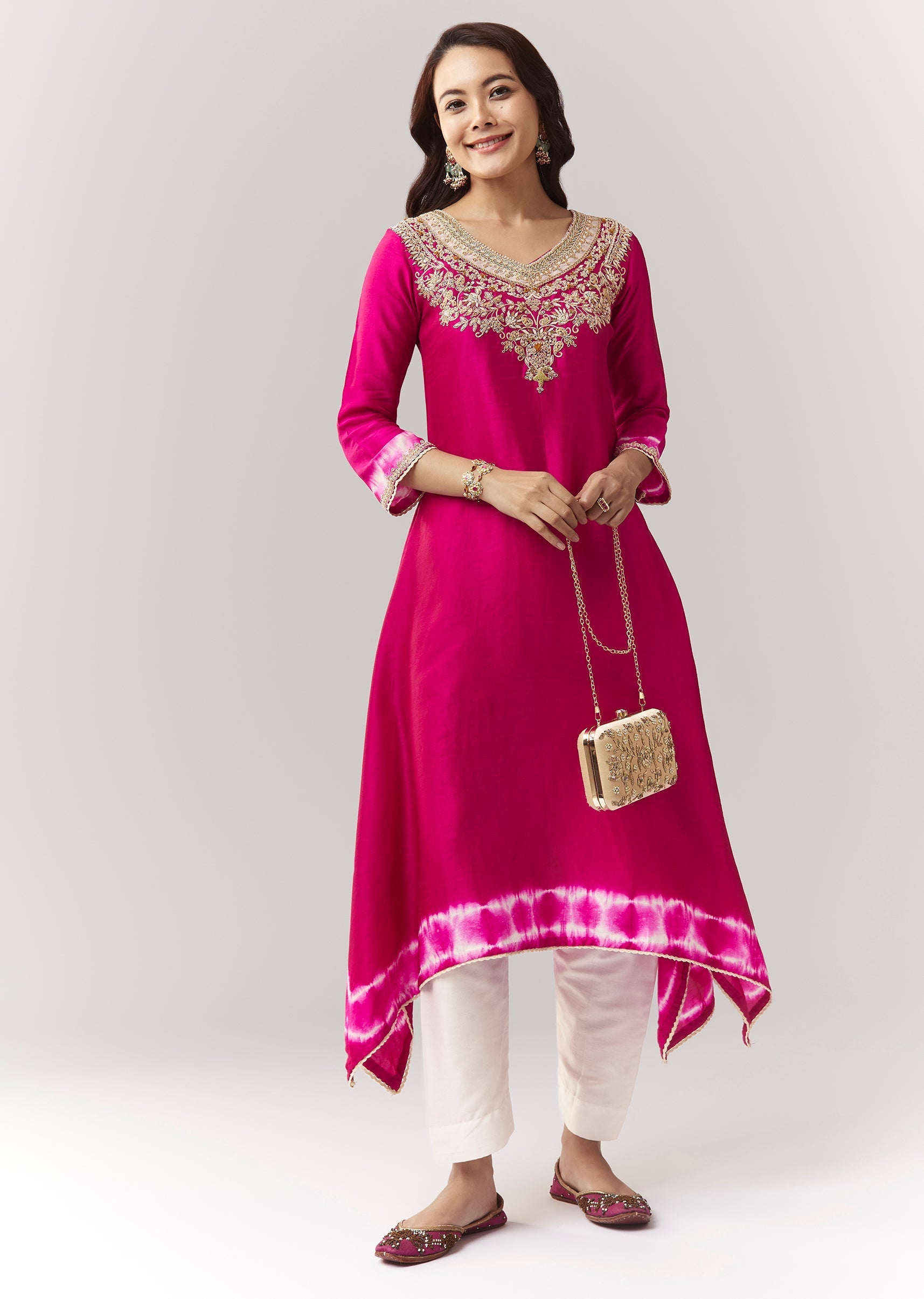 Pink Zardosi Kurta Straight Pant Coord With Leheriya Border