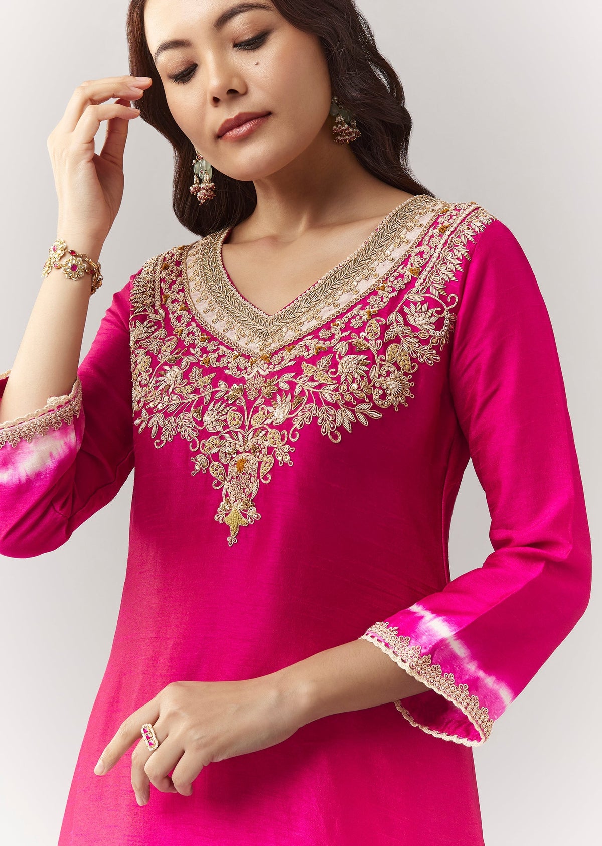 Pink Zardosi Kurta Straight Pant Coord With Leheriya Border