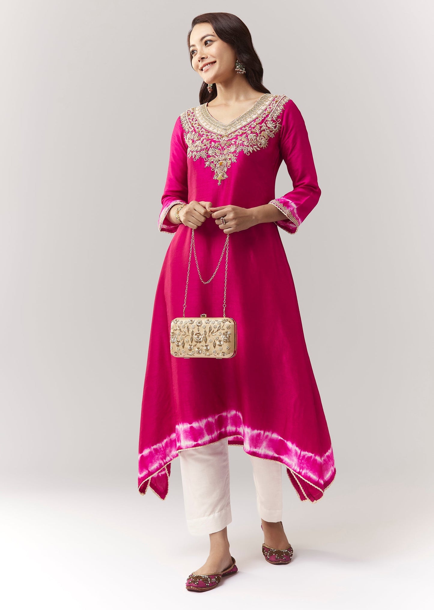 Pink Zardosi Kurta Straight Pant Coord With Leheriya Border