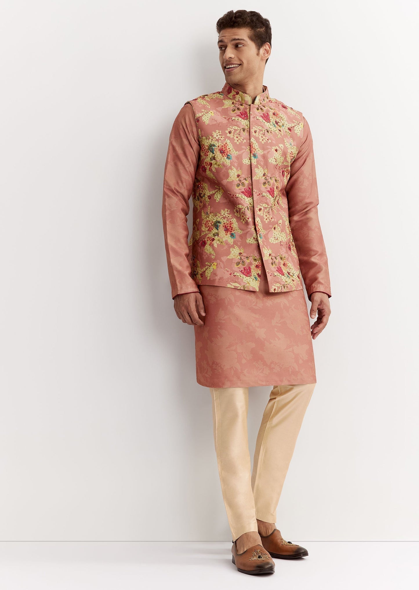 Pink Linen Floral Printed Jacket Kurta Set With Sequins