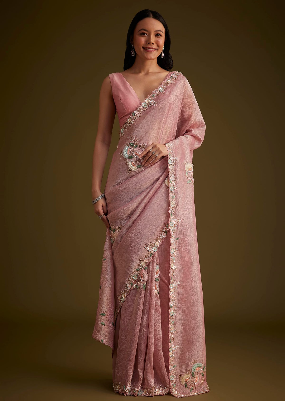 Pink Tissue Saree With Floral Embroidery