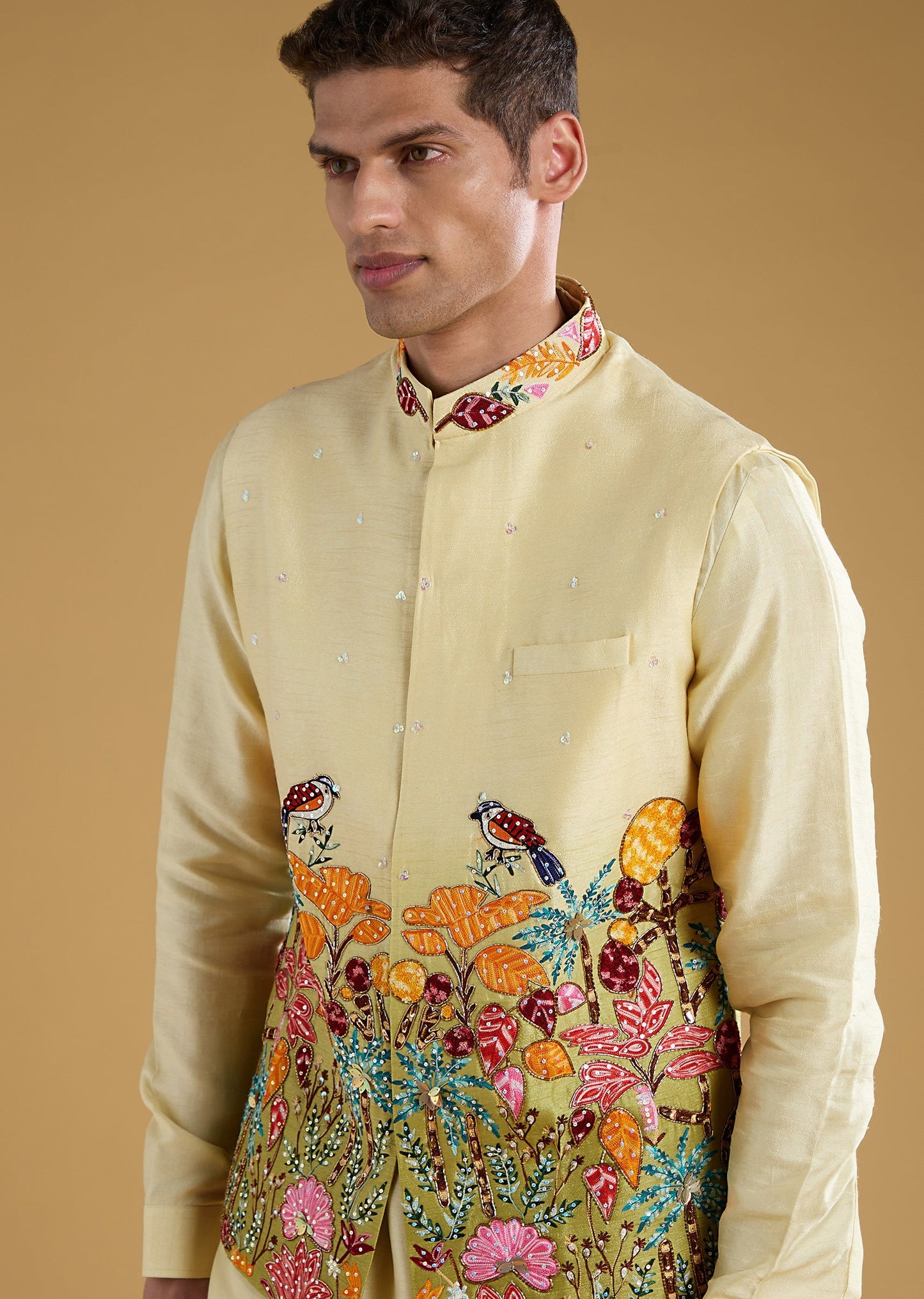 Pista Green Thread Embroidered Jacket and Kurta Set