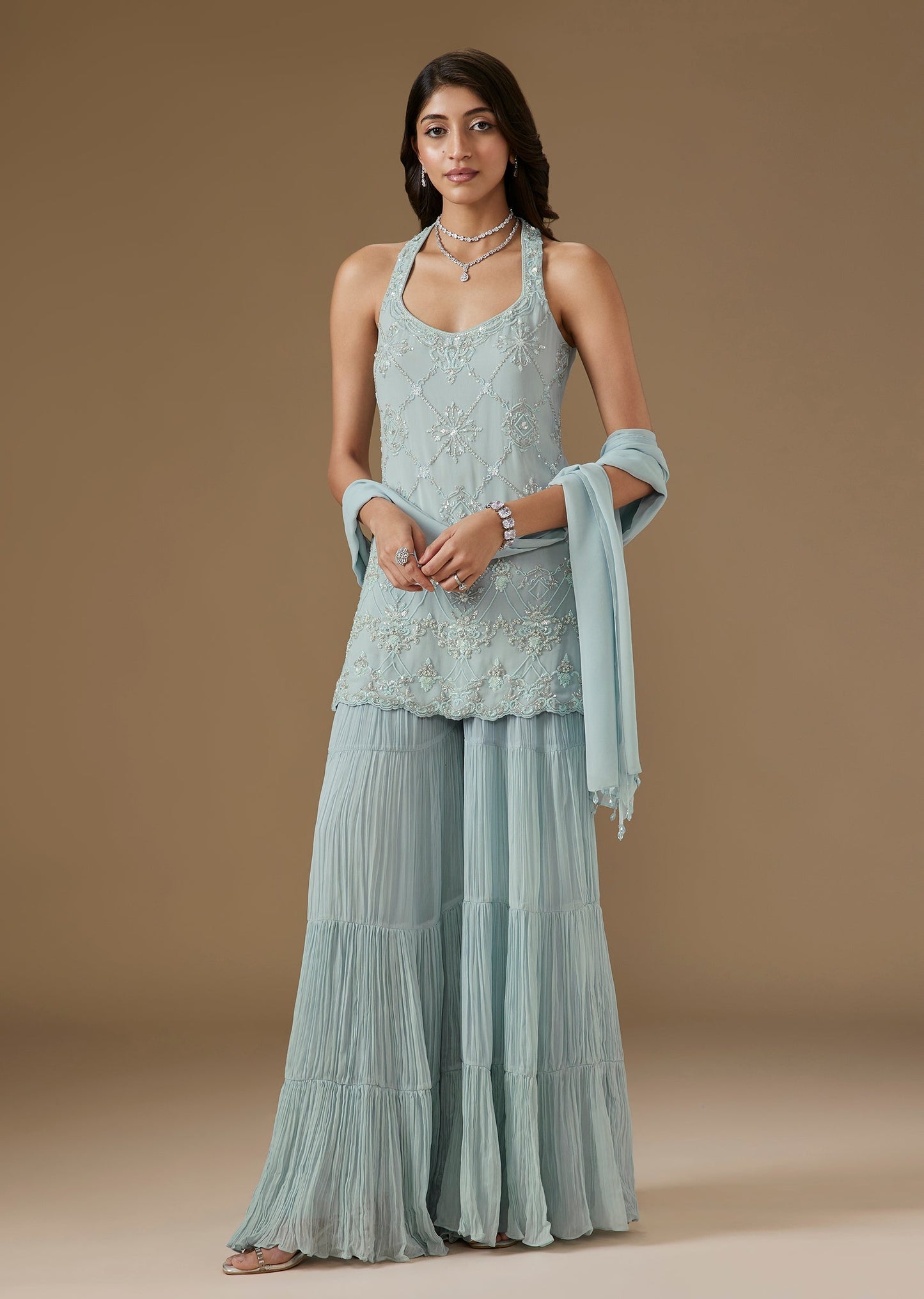 Powder Blue Georgette Embroidered Halter Neck Sharara Set