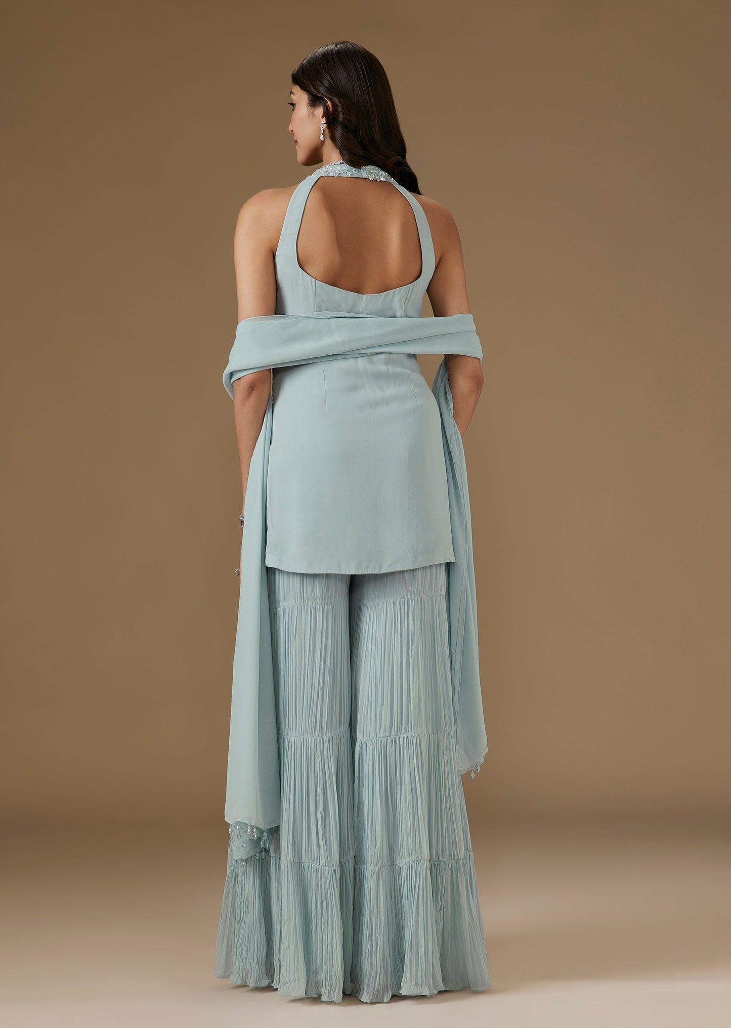 Powder Blue Georgette Embroidered Halter Neck Sharara Set