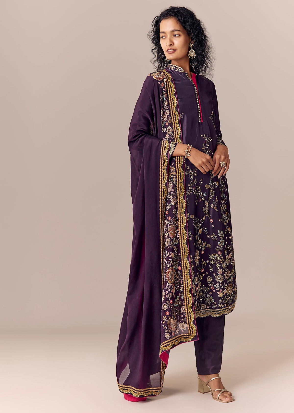 Purple Floral Printed Kurta Pant Set With Dupatta