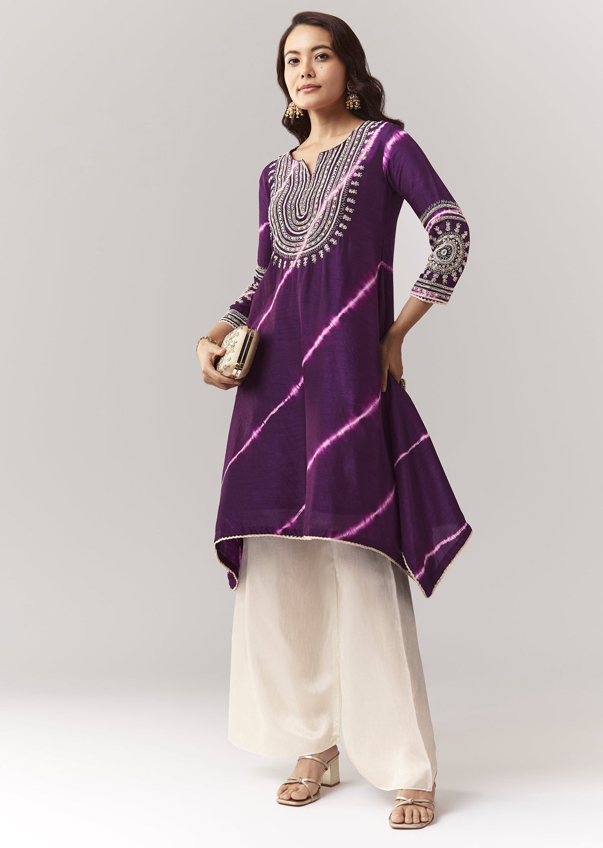 Purple Leheriya A Line Kurta Palazzo Set With Zardosi And Moti Work